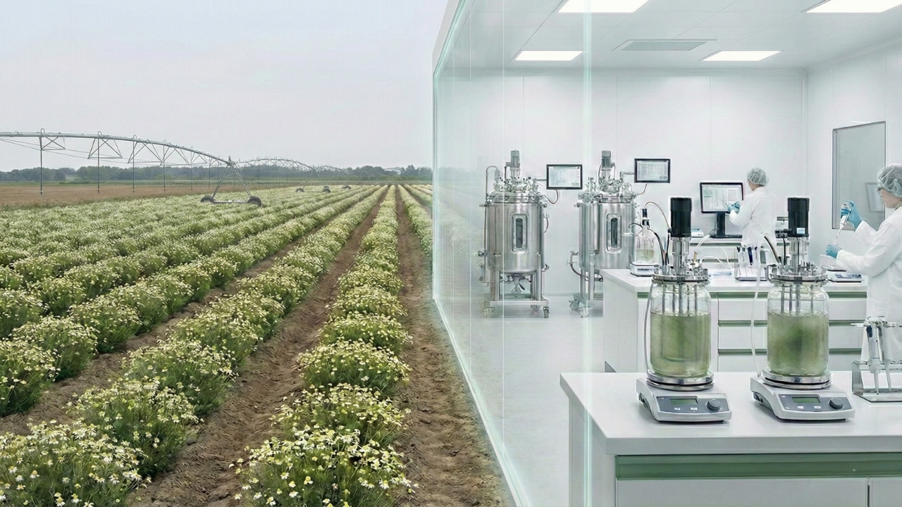 Side-by-side comparison of traditional field-grown botanicals and controlled plant cell culture bioreactors used for consistent ingredient production